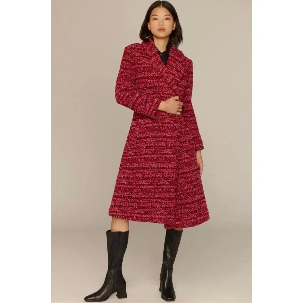 Hutch Kat Wrap Belted Boucle Coat Jacket in Pink Size S